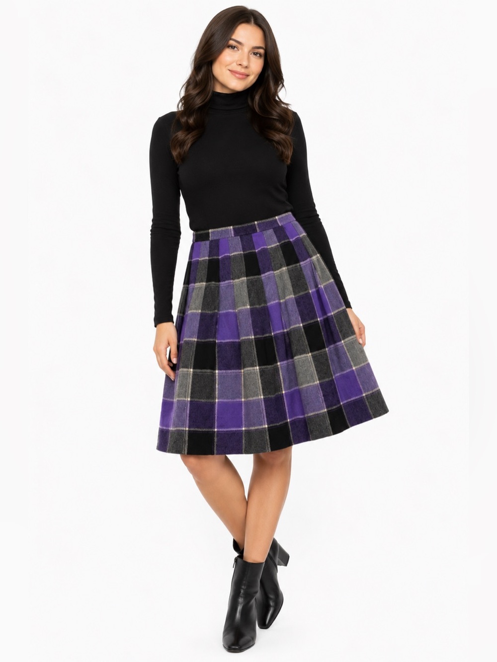 60s/70s Vintage Miss Pat Plaid Wool A-Line Pleated Skirt (Purple/Multi) Size S/M